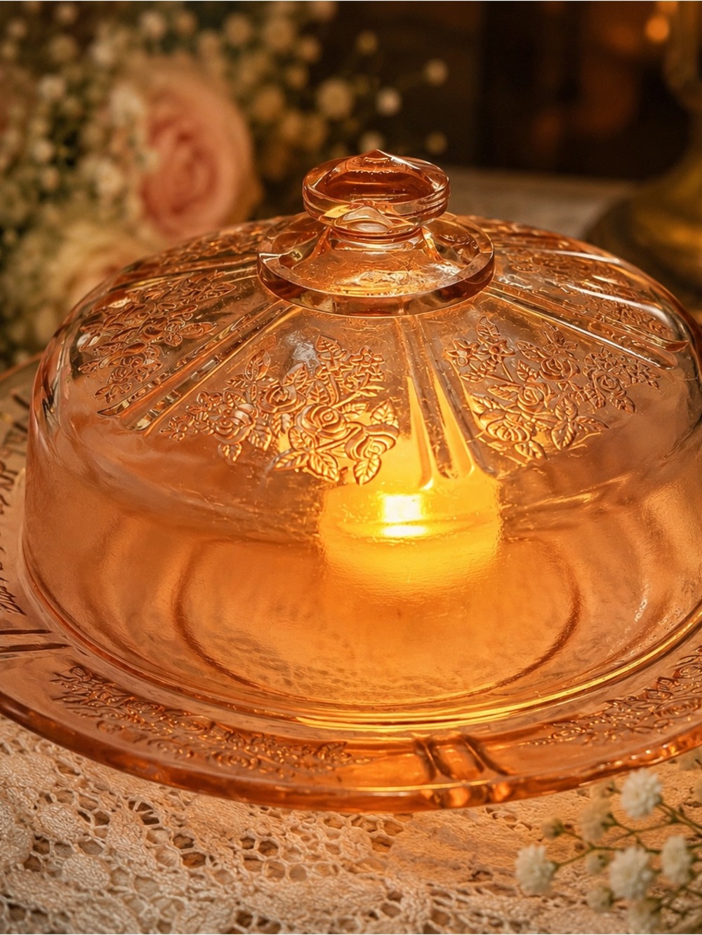 Vintage Pink Depression Glass Fairy Lamp Floral Pattern Candle Glow